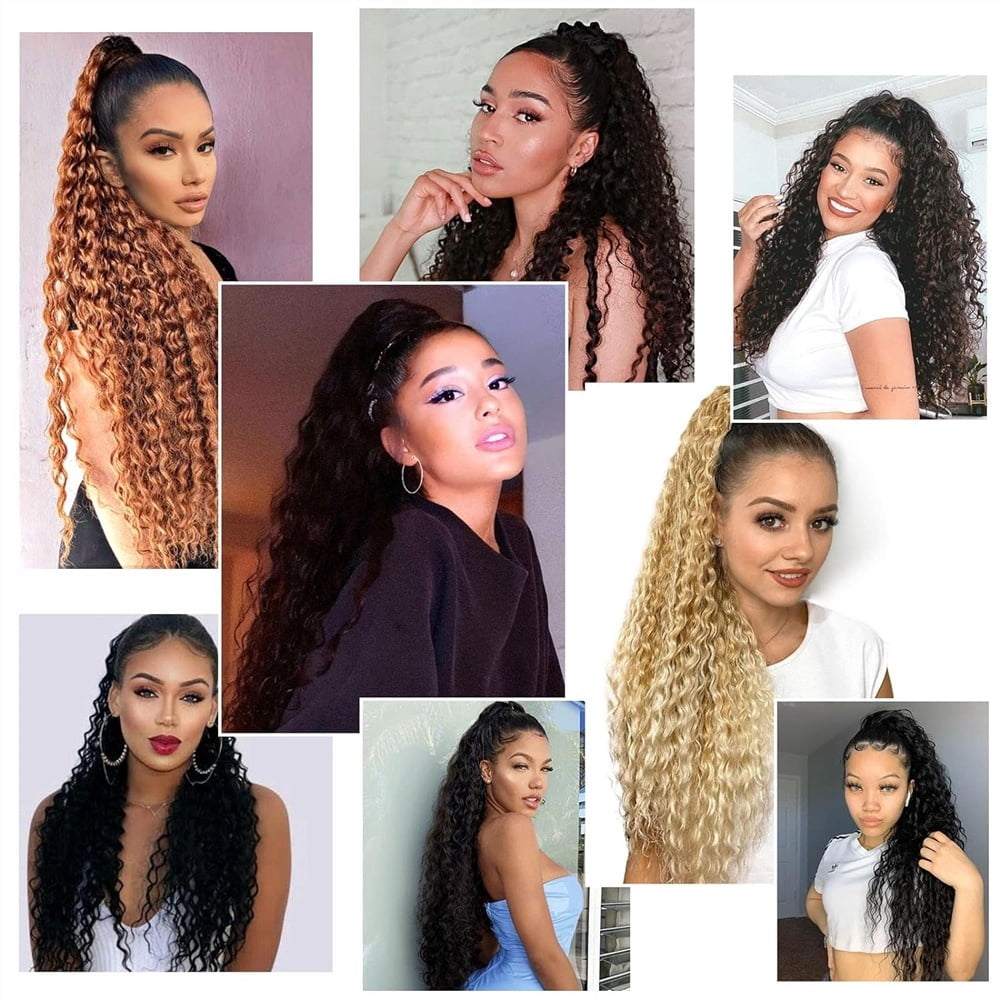 Human Hair Drawstring Ponytail 10-26 Inch Long Deep Wave Ponytail Hair Pieces Natural Color Wave Curly Ponytail Extensions for Women