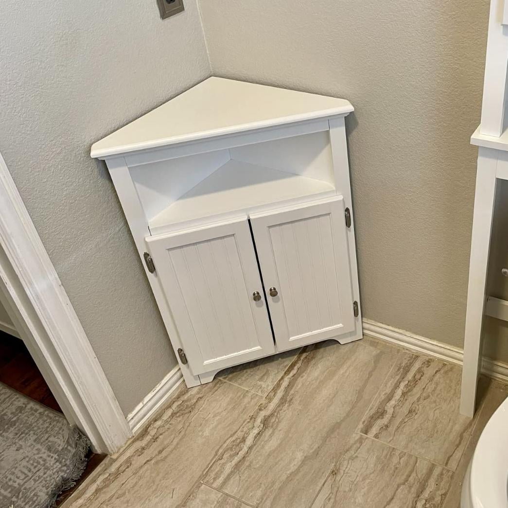 STAROUS Corner Storage Cabinet, Bathroom Floor Corner Cabinet with Doors and Shelves,Free Standing Storage Cabinet for Bathroom, Kitchen, Living Room, White