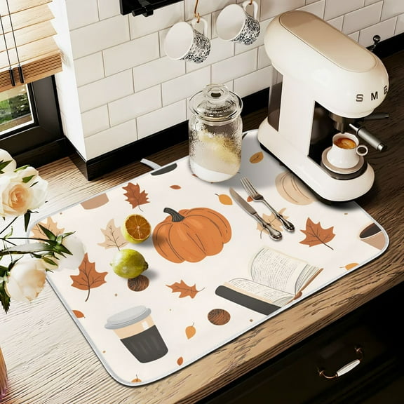 Yayeee Dish Drying Mat for Kitchen Counter 16" x 18" Microfiber Super Absorbent Coffee Decorative Pad, Hand Drawn Pumpkin