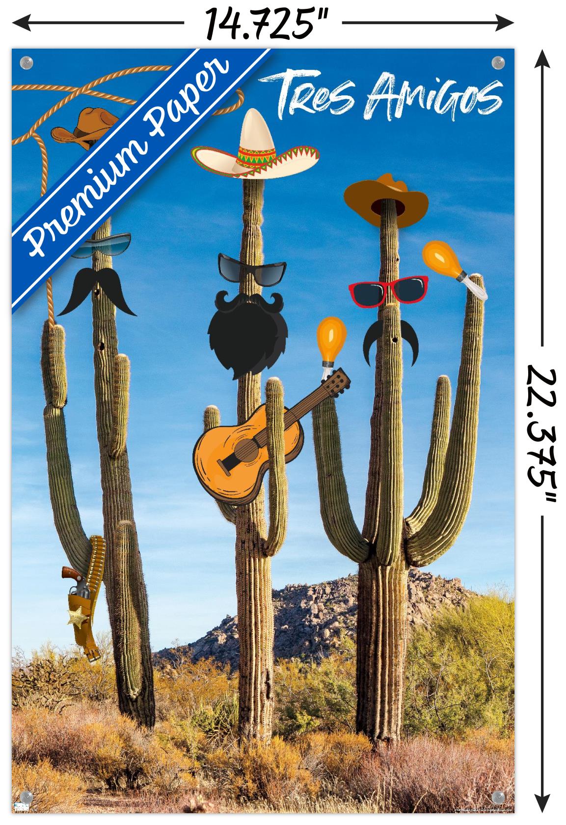 Cactus -Tres Amigos Wall Poster with Pushpins, 14.725" x 22.375"
