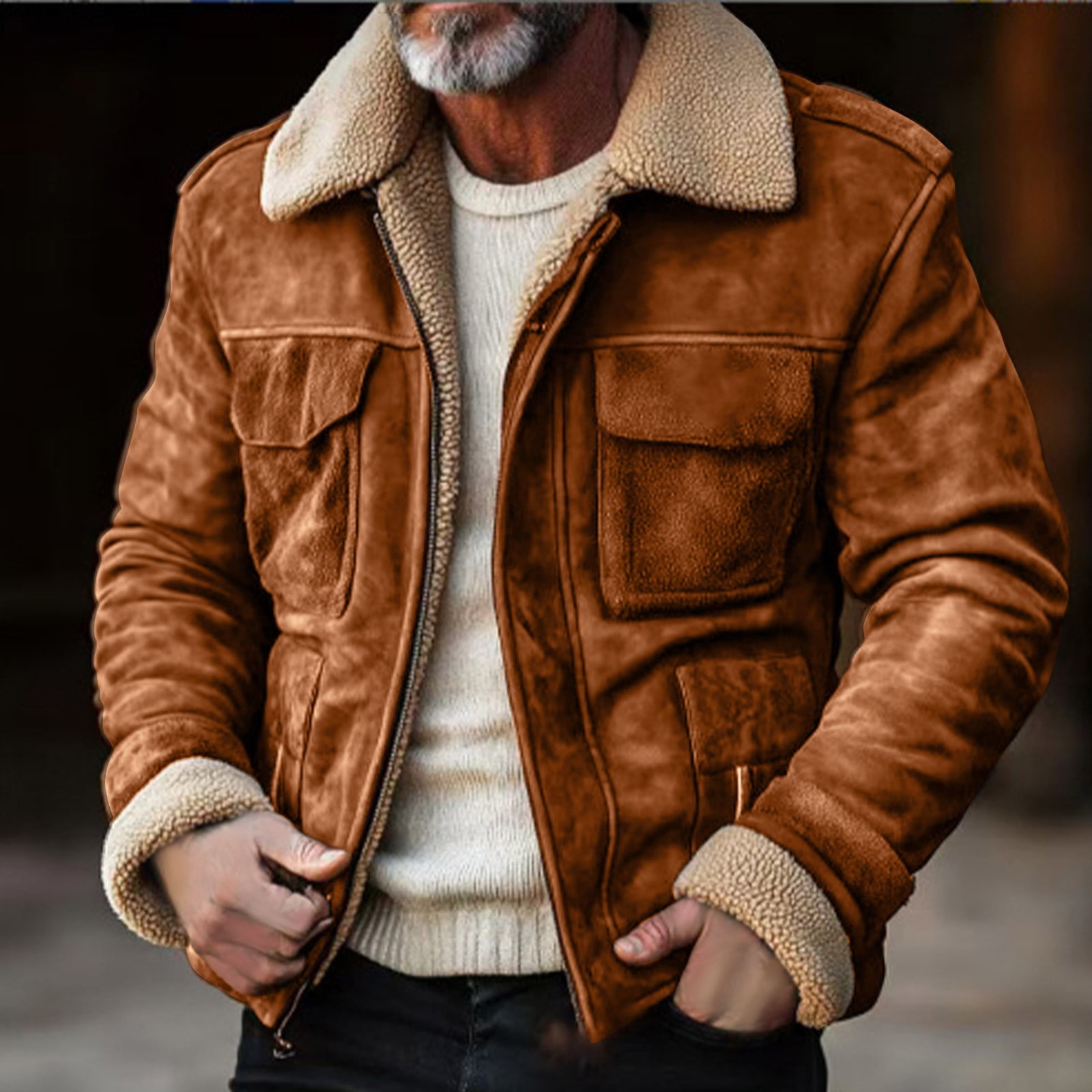 YLSDY Mens Shearling Bomber Suede Jacket Winter Warm Faux Leather Suede Jackets Vintage Sherpa Lined Fleece Overcoats Brown XXXXL