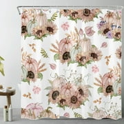Fall Pink Sunflower Floral Shower Curtain for Bathroom,Thanksgiving Harvest Pumpkin and Autumn Leaves on White Fabric Shower Curtain with Hooks,Farmhouse Bathroom Curtain Shower Set, 69x70 inches