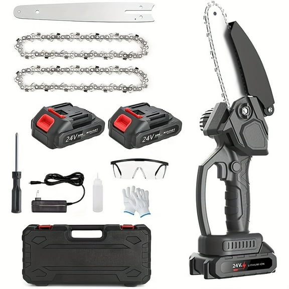 Chumajor Mini Chainsaw Cordless with 2 Batteries 2 Chains, Upgrade 6 Inch Mini Chain Saw Cordless with Security Lock, Handheld Small Chainsaw for Wood Cutting Tree Trimming, Black, Clearance Sales