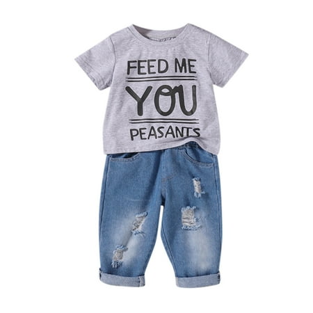 

TAIAOJING Baby Boy Clothes Outfits Children Kids Toddler Letter Short Sleeve T Shirt Blouse Tops Ripped Jeans Pants Trousers Set 2PCS Baby Clothes 12-18 Months