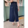 thumbnail image 2 of Dark Wash Straight Midi Denim Skirt With Side Slit Pocket Casual, 2 of 21