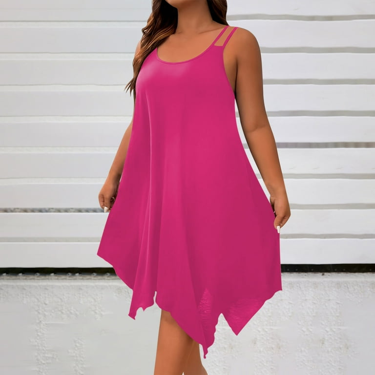 Htigea Plus Size Dress for Women Summer Irregular Hem Knee Length Dress Flowy Sleeveless Double Spaghetti Straps Midi Sundress Hot Pink,4XL