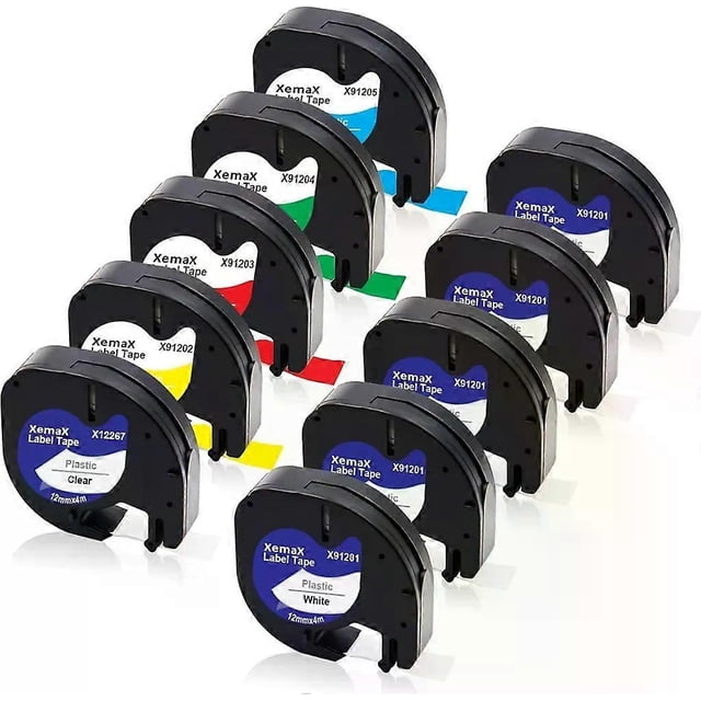10x XemaX label tape replacement for Dymo LetraTag 12mm x 4m, plastic tape for LT-100H 100T XR 2000 200B