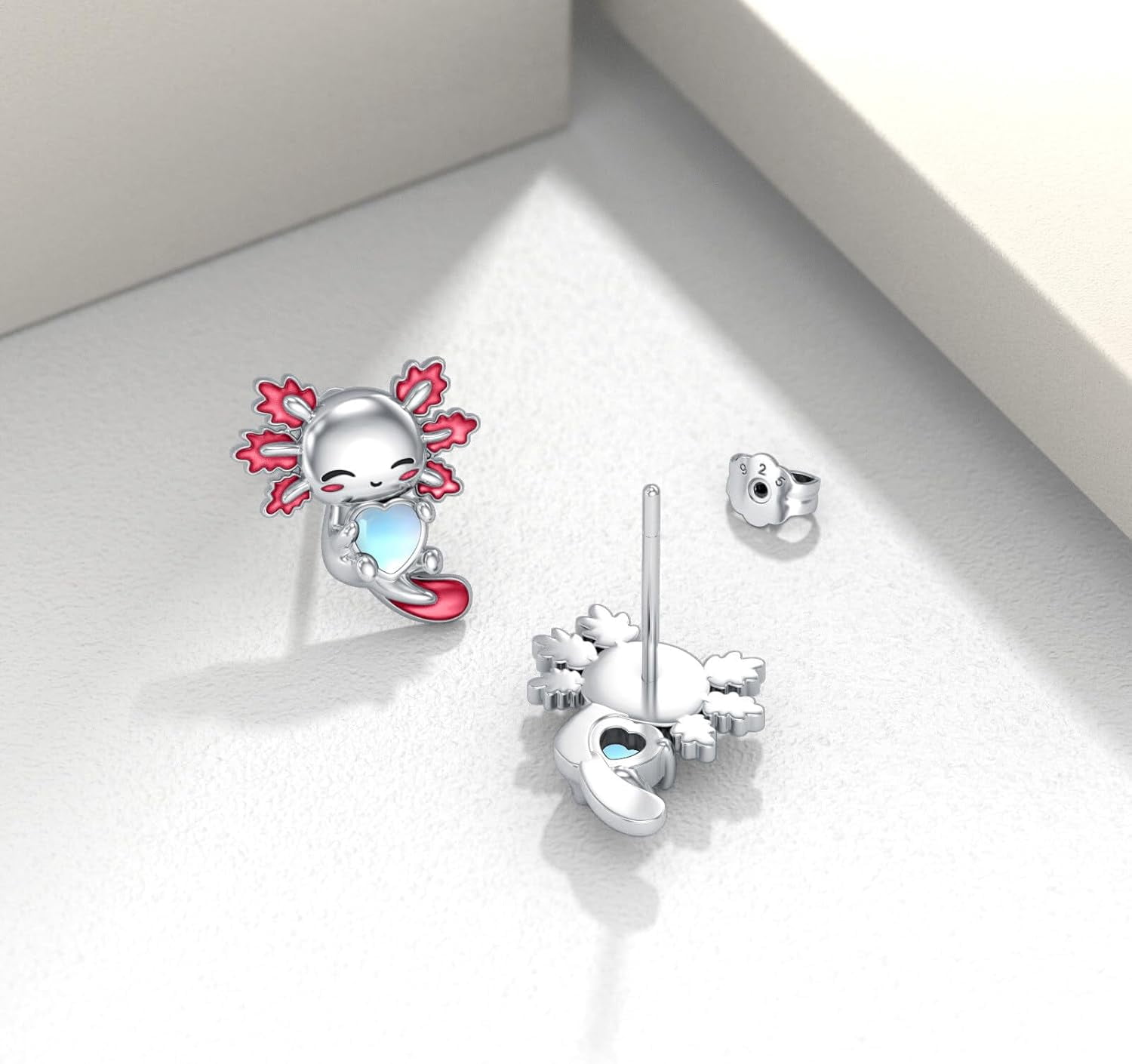 Axolotl Stud Earrings 925 Sterling Silver Cute Red Axolotl Moonstone Earrings Jewelry Gifts for Women Mom Her