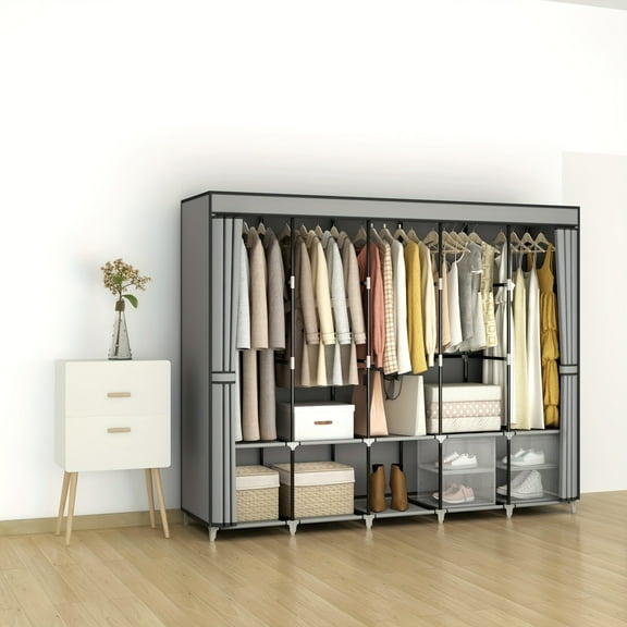 Portable Closets For Hanging Clothes, Wardrobe Closet, Free Standing Clothes Rack With Cover & 5 Hanging Rods & 10 Storage Shelves & 2 Side Pockets, Mounted Closet Systems