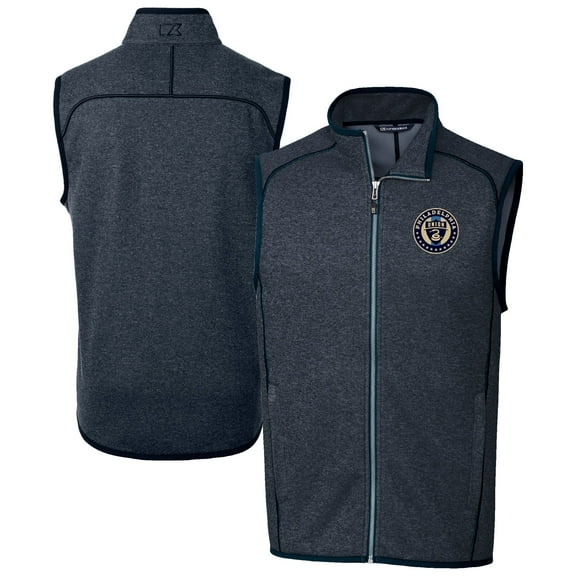 Men's-Cutter & Buck Heather Navy Philadelphia Union Mainsail Sweater-Knit Full-Zip Vest