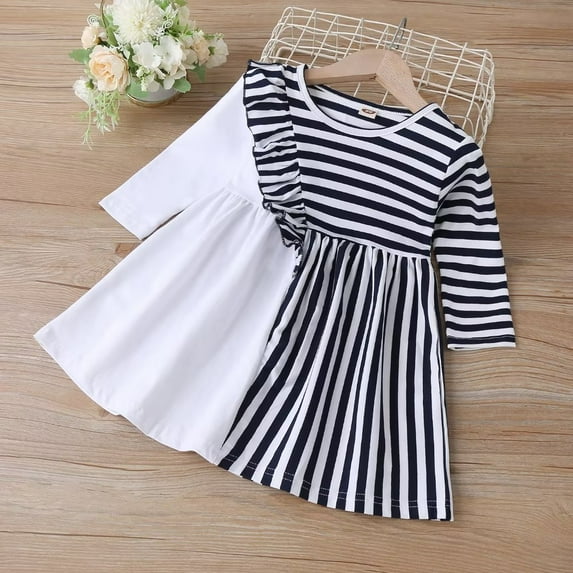 YEEDISON Children's Dress Autumn and Winter Girls' Casual Solid Dress Cotton Long Sleeve Stripe Dress for 18M-6Y