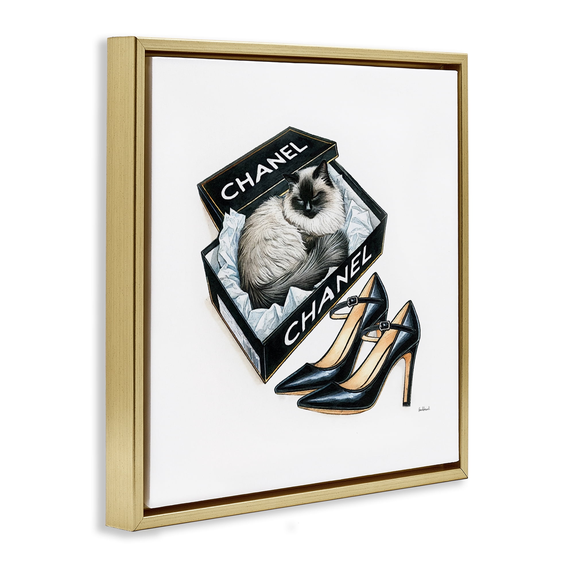 Stupell Industries Cat in Glam Shoebox Animals Painting Gold Floater Framed Canvas Art Print Wall Art, 18 x 18