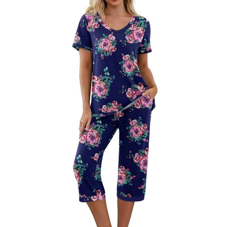 

qucoqpe Comfy Lounge Sets for Women Short Sleeve V-Neck Tops and Floral Print Wide Leg Pants Loose Capri Pajama Set