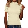 thumbnail image 4 of ManxiVoo Women's Mock Neck Top Short Sleeve Knit Pullover Sweater Smart Casual Ribbed Shirt L Size Beige, 4 of 8
