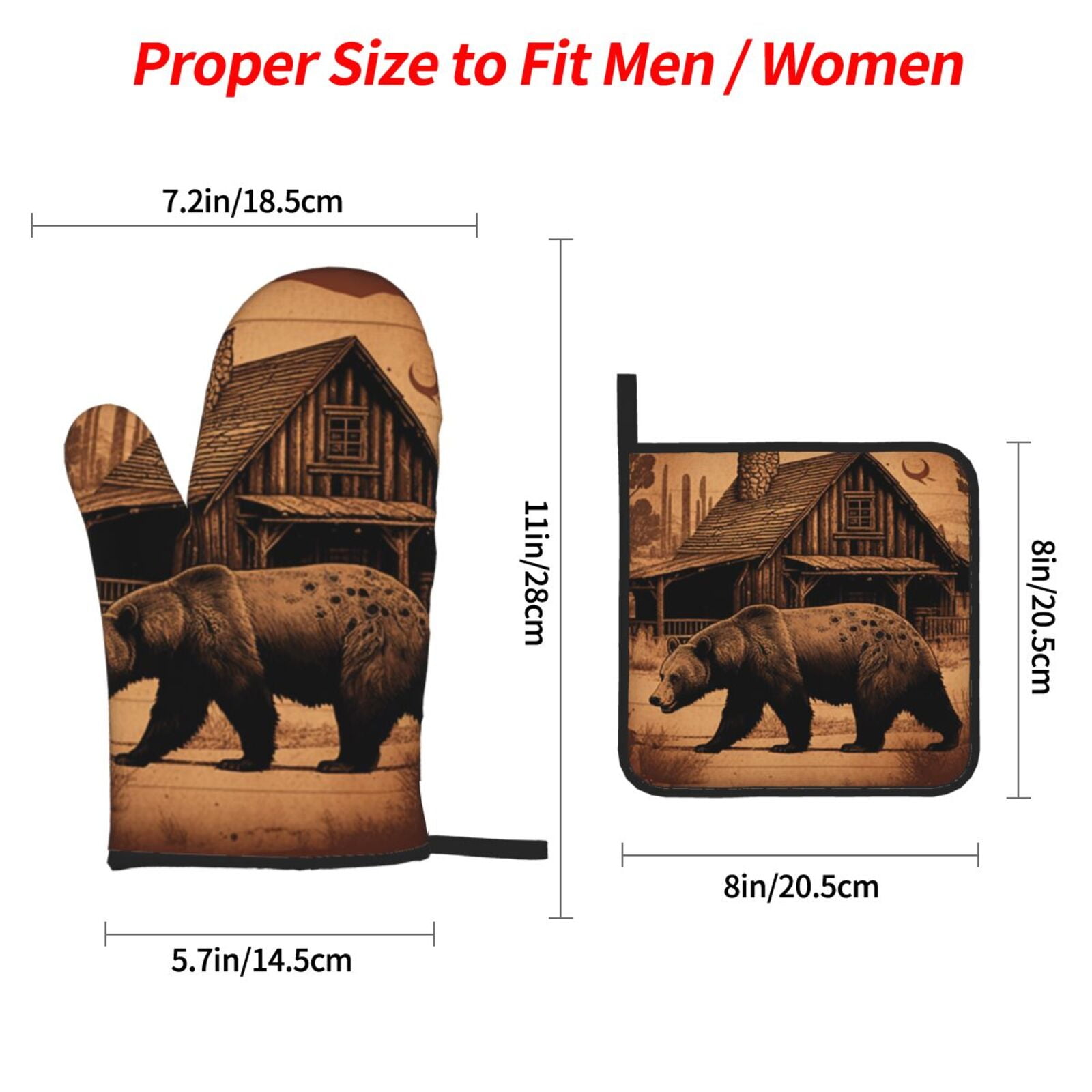 Rustic Lodge Cabin Bear Southwestern Vintage 4Pcs Oven Mitts and Pot Holders Sets Oven Kitchen Gloves Hot Pads for Cooking BBQ Baking Grilling