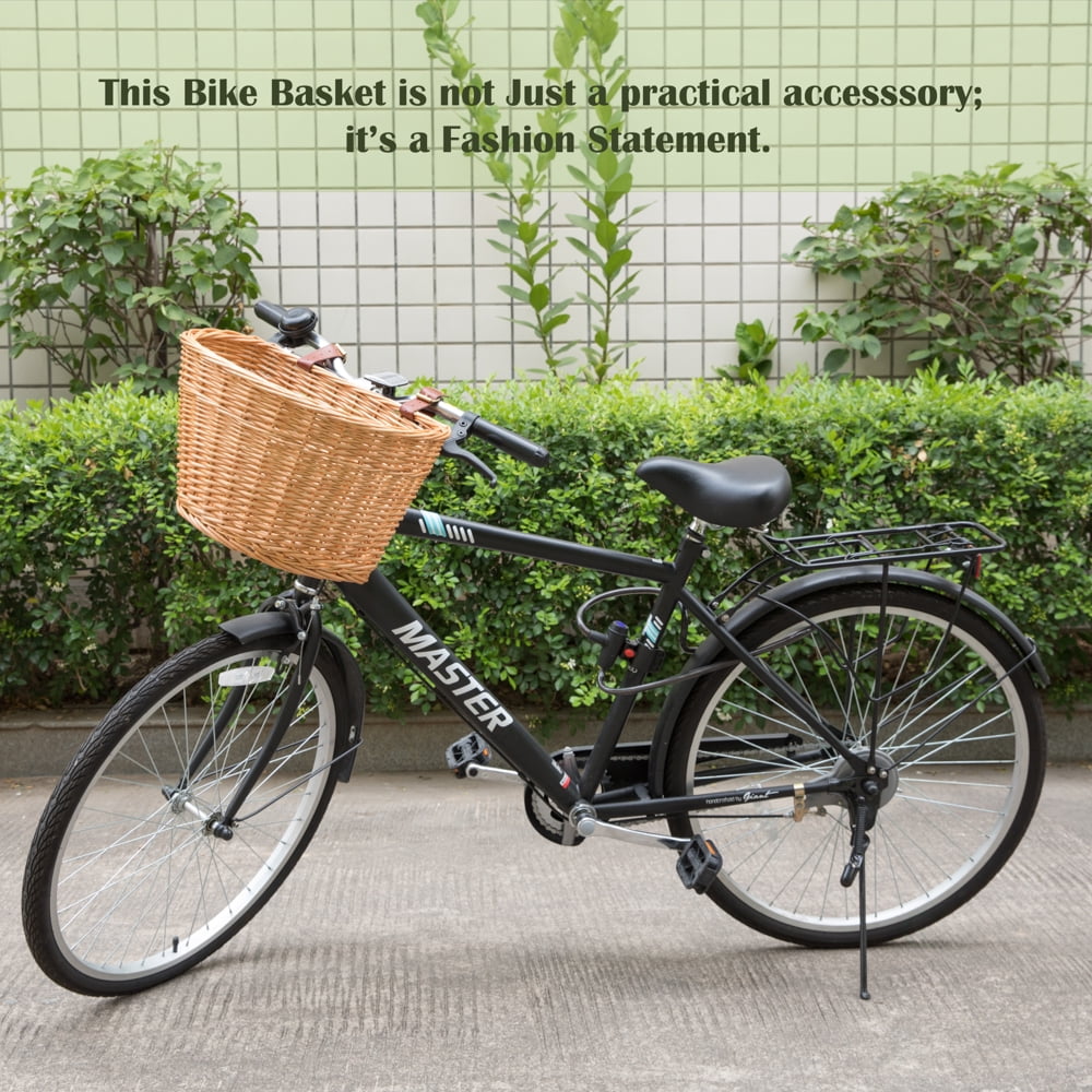 Wicker Front Bike Basket with Faux Leather Straps