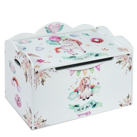Costway Wooden Toy Box  Storage Chest w/ Seating Bench for Kids & Babies Unicorn Pattern