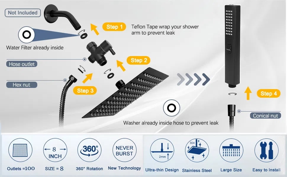 Shower Head with Hose, 8'' High Pressure Rain Shower Head, Handheld Shower Head Combo, 2+1 Spray Settings Adjustable Shower Head with Holder, Height/Angle Adjustable
