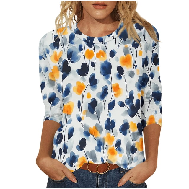 Staron Liquidation Hauts Tendance pour Femmes 2025 Manches 3/4 Col Rond Hauts Imprimé Floral Blouses d'Été T-Shirts Basiques Tunique