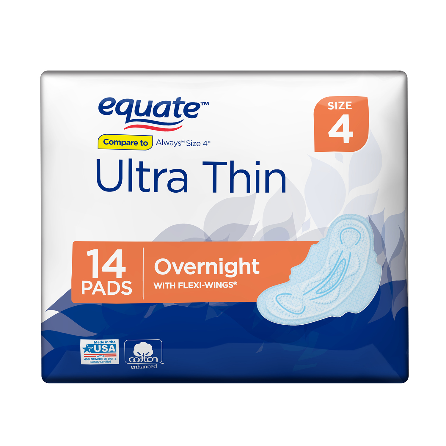 Equate Ultra Thin Pads with FlexiWings, Overnight, Size 4, 14 count