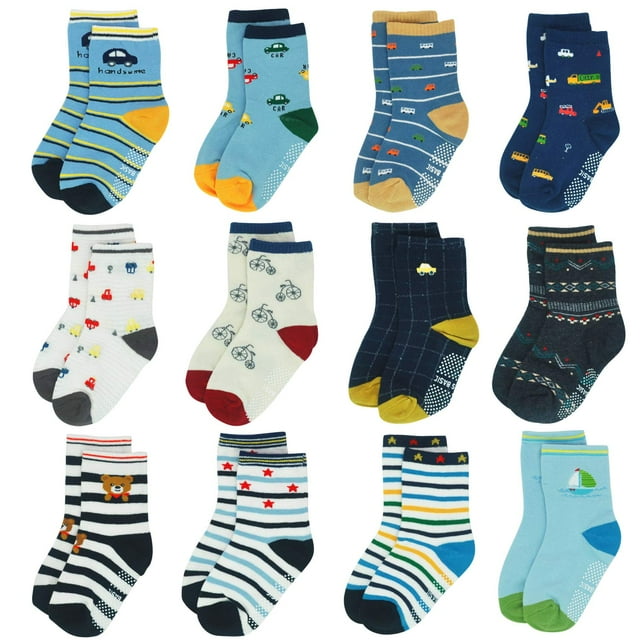 12 Pairs Kids Non Slip Skid Socks Grips Sticky Slippery Cotton Crew ...