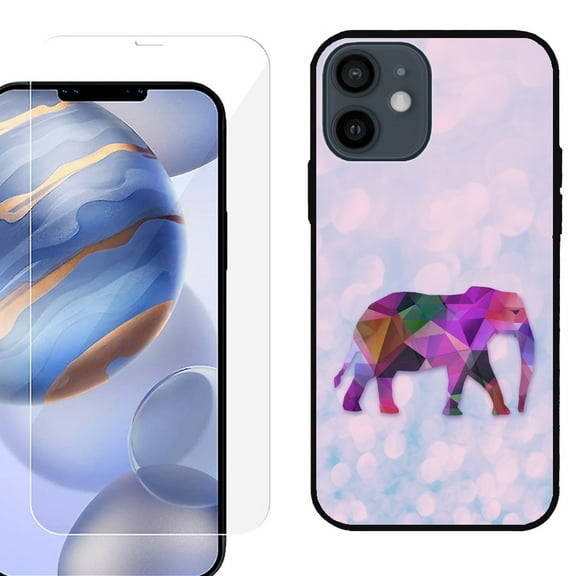 Slim-Fit Protective Phone Case (Black) compatible with iPhone 12 / iPhone 12 Pro, with Tempered Glass Screen Protector, by OneToughShield ® - Elephant /Polygon