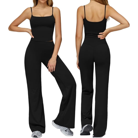 PISONIC Womens Workout Sets Two Piece Spaghetti Straps Crop Top Matching Straight Leg Pants Gym Work Pilates Outfits