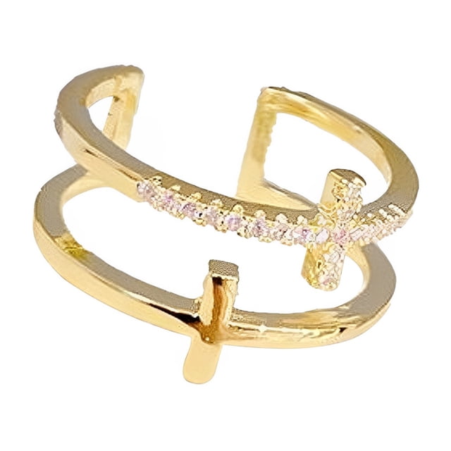 Jumpingount Anillo de apertura para mujer, joyería de mano de doble capa cruzada ajustable, diamantes de imitación, cobre, decoración de moda elegante Ropa, zapatos y accesorios Miscelánea Jumpingount AP014813-00