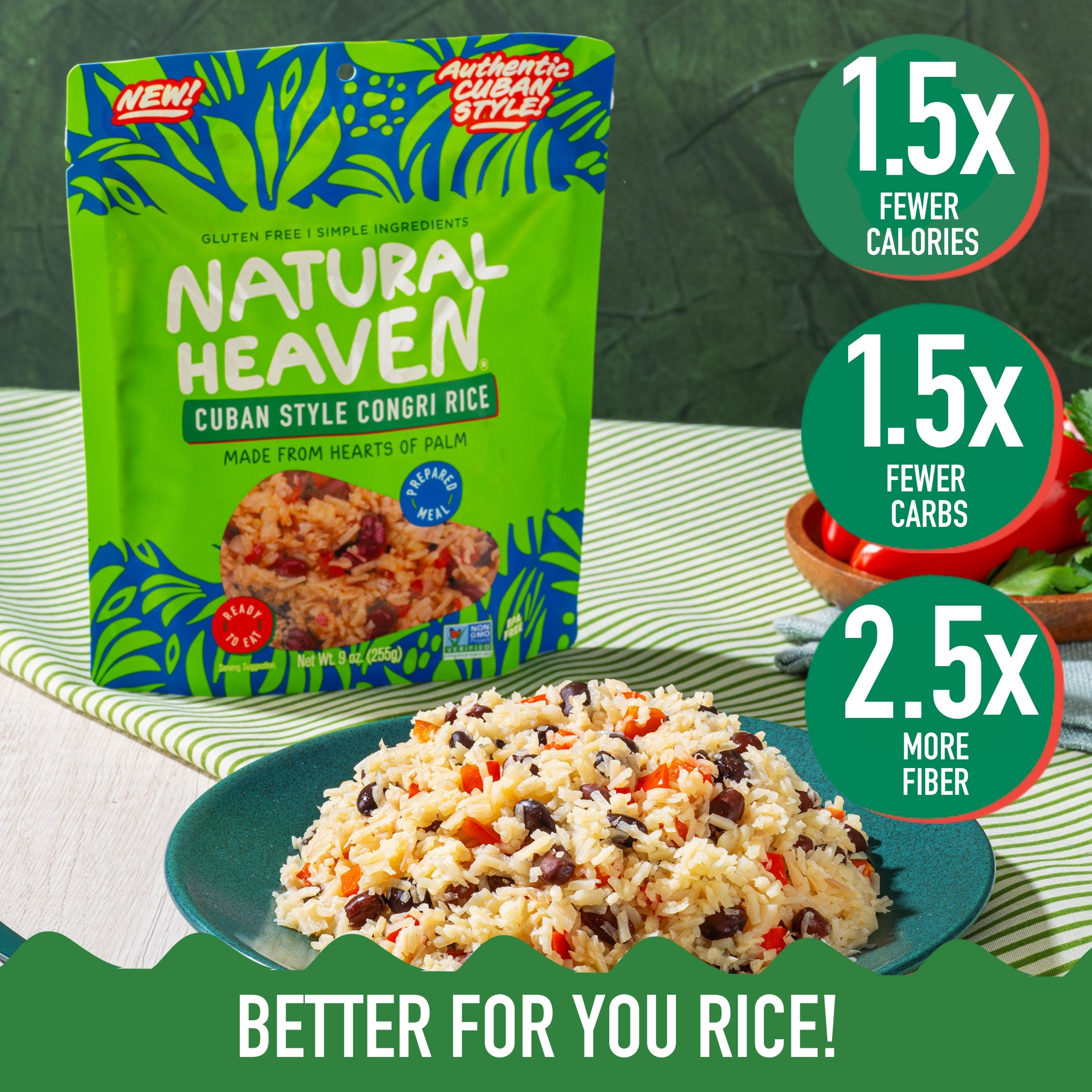 Natural Heaven  Hearts of Palm Cuban Style Congri Rice -  Pack of 6, 54oz (255g) each - Low Fat, Gluten-Free & No added Sugar