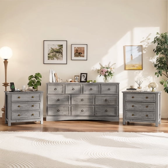 Holliwill Dresser Nightstand Set, Farmhouse Bedroom 3 Pieces Set, Wide 10 Drawer Dresser and 3 Drawer Nightstand with Open Shelf & Charging Station, Chest of Drawers for Bedroom, Grey