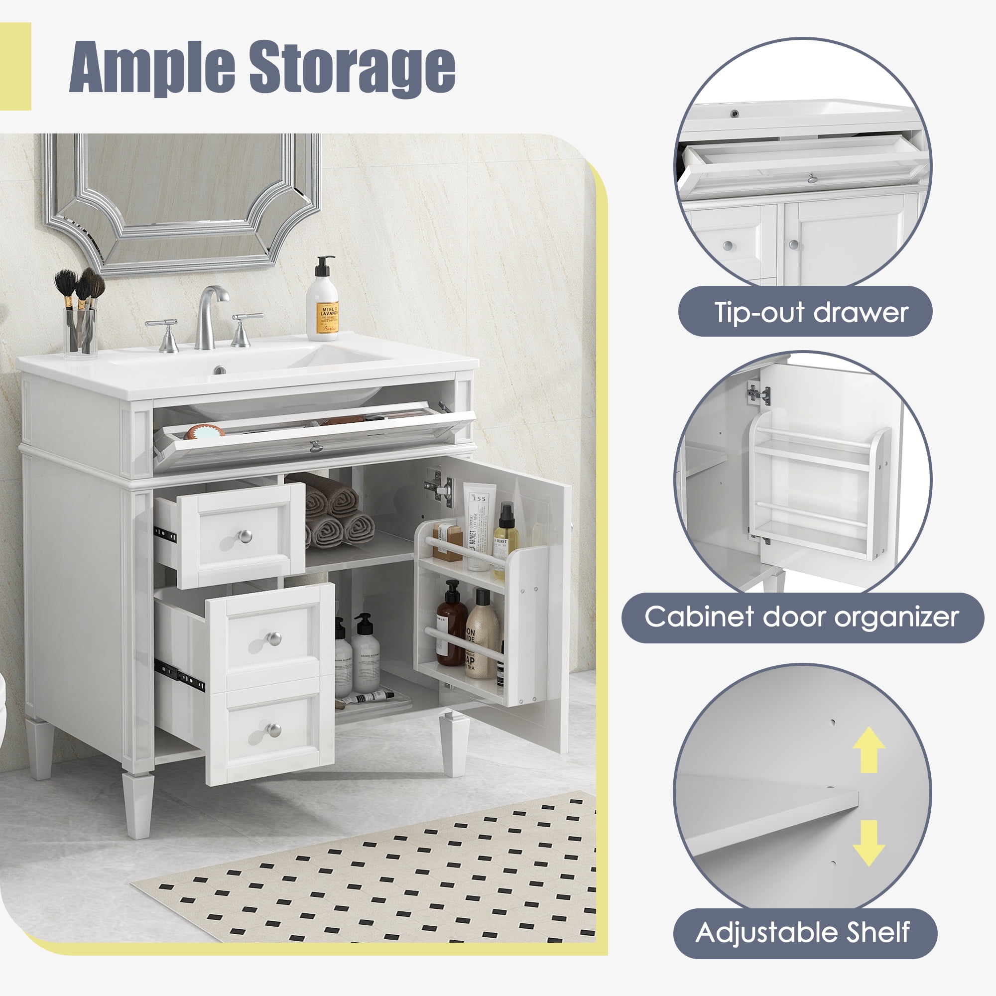 Euroco 30” Bathroom Vanity with Sink, Modern Freestanding Bathroom Cabinet with Tip-Out Drawer, Soft-Close Doors & Shelves, Hidden Storage Organizer