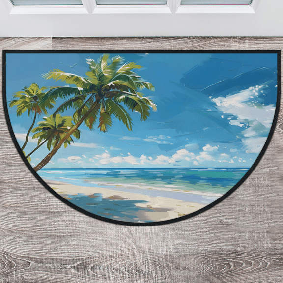 CURLYOOT Ocean Beach Half Round Door Mat 40'' x 63'', Indoor Outdoor Entrance Rug, Semi Circular Area Rug, Non Slip Washable Absorbent Doormat, Tropical Palm Tree Laundry Room Rug