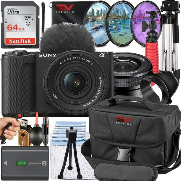 Sony ZV-E10 II Mirrorless Camera (Black) with 16-50mm Lens   SanDisk 64GB Memory Card   Pistol Grip Tripod   SV Premium Accessory Bundle