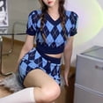 thumbnail image 3 of Gyratedream Women's 2 Piece Outfit Argyle Print Short Sleeve V Neck Top and Mini Skirt Set, 3 of 4