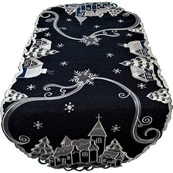 Doily Boutique Christmas Table Runner with Village and Church on Blue Burlap Style Fabric Size 60 x 15 inches
