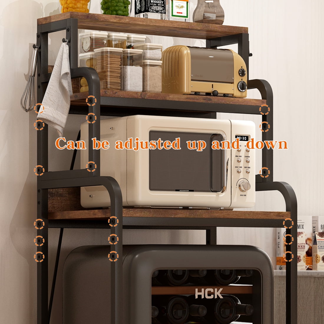 4-Tier Mini Fridge Stand Coffee Bar Cabinet Station with Charging Station, Bakers Rack Storage Shelf with Hooks and Adjustable Shelves, Utility Storage Shelf for Kitchen, Dorm, Living Room, Brown