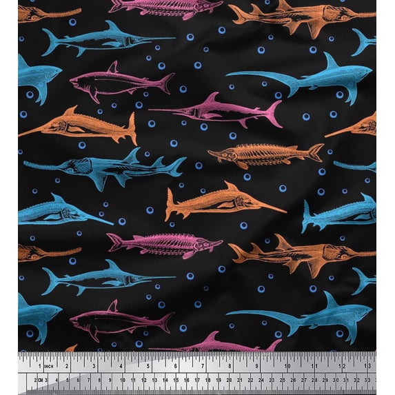 Soimoi Polyester Crepe Fabric Bubbles & Fish Ocean Print Fabric by The Yard 52 Inch Wide