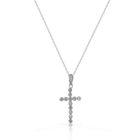925 Sterling Silver Bezel-Set White Clear CZ Latin Cross Pendant Necklace