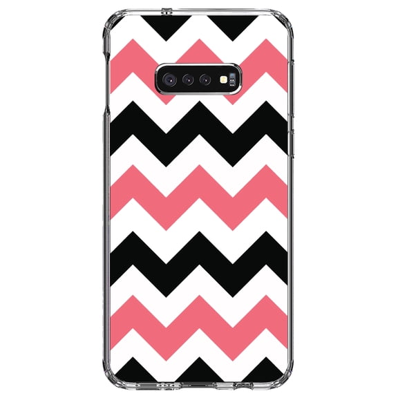 DistinctInk Clear Shockproof Hybrid Case for Samsung Galaxy S10e (5.8" Screen) - TPU Bumper, Acrylic Back, Tempered Glass Screen Protector - Black Pink Stripes - Stripes Pattern