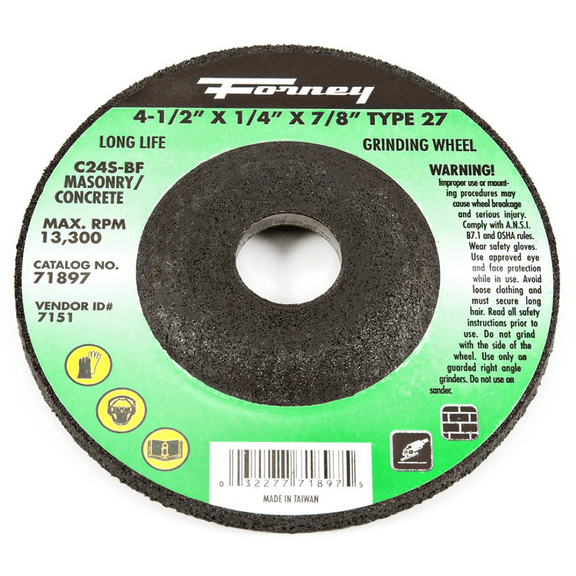 Forney Industries Grinding Wheel, Masonry, Type 27, 4-1/2 in x 1/4 in x 7/8 in