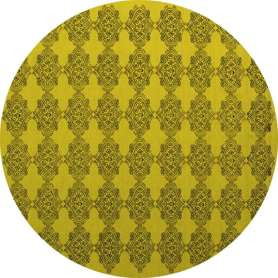 Ahgly Company Machine Washable Indoor Round Abstract Yellow Contemporary Area Rugs, 8' Round