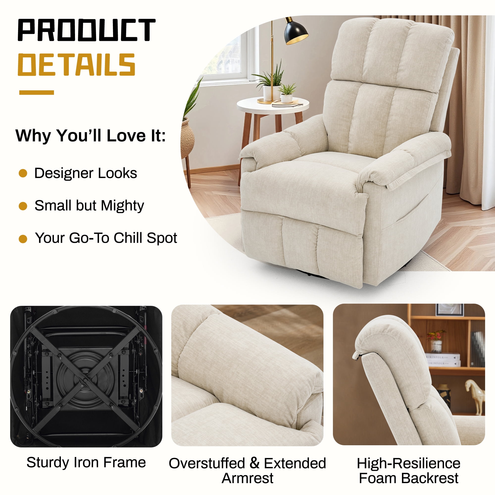 Korser 360°Swivel Recliner Chair for Adults with Side Pockets,Small Rocking Recliner for Small Spaces for Living Room,Nursery,Beige
