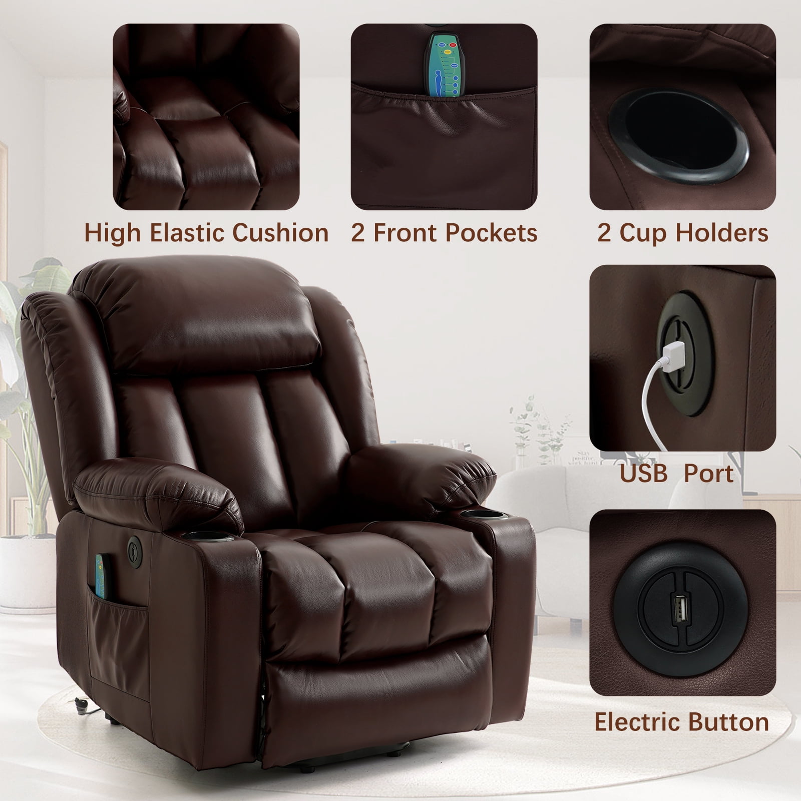 INGALIK Power Lift Recliner, Leather Electric Chair Recliners with Heating and Massage, Cup Holders, Storage, USB Charging (Brown)