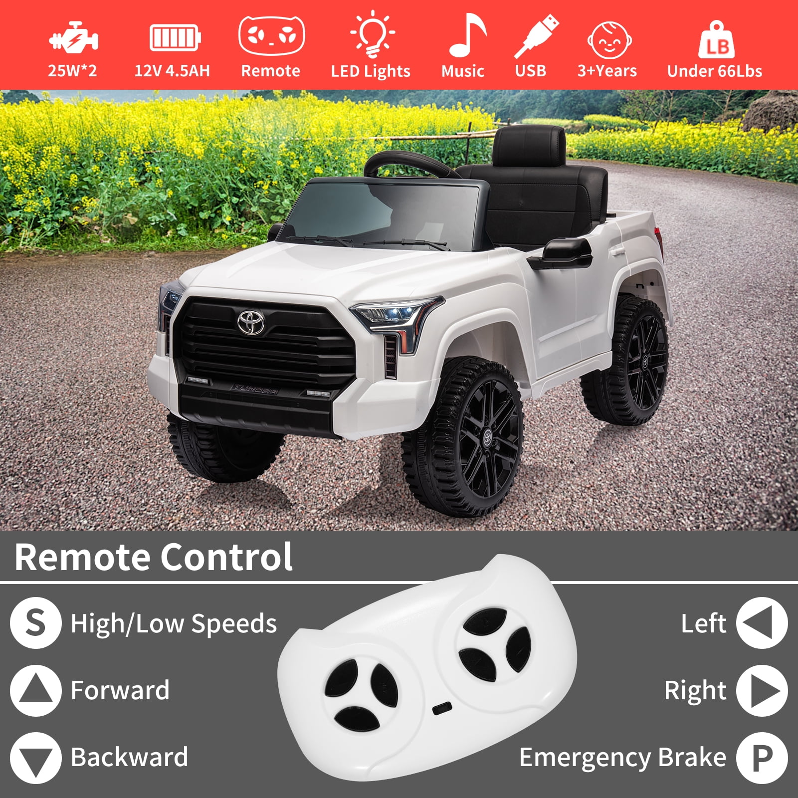 CazToi 12V Ride On Car  Licensed Toyota Tundra Remote Control Music Spring Suspension 3 Speeds LED Lights Gift for Ages 3+
