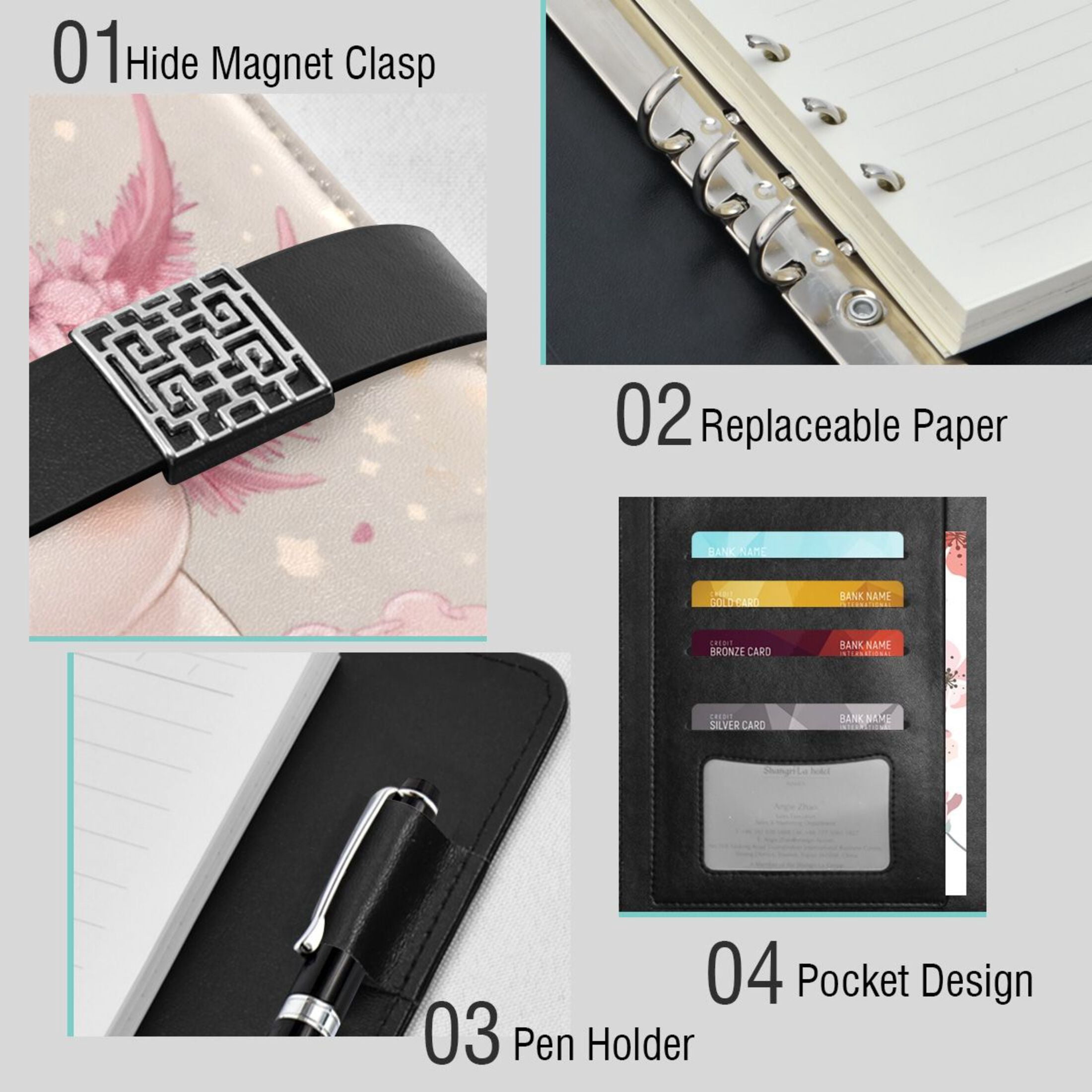 Leather Planner Leather Notebook Notebook Journal Binder Design Pen Pocket Design Convenient for Storage Cute Axolotl Pink