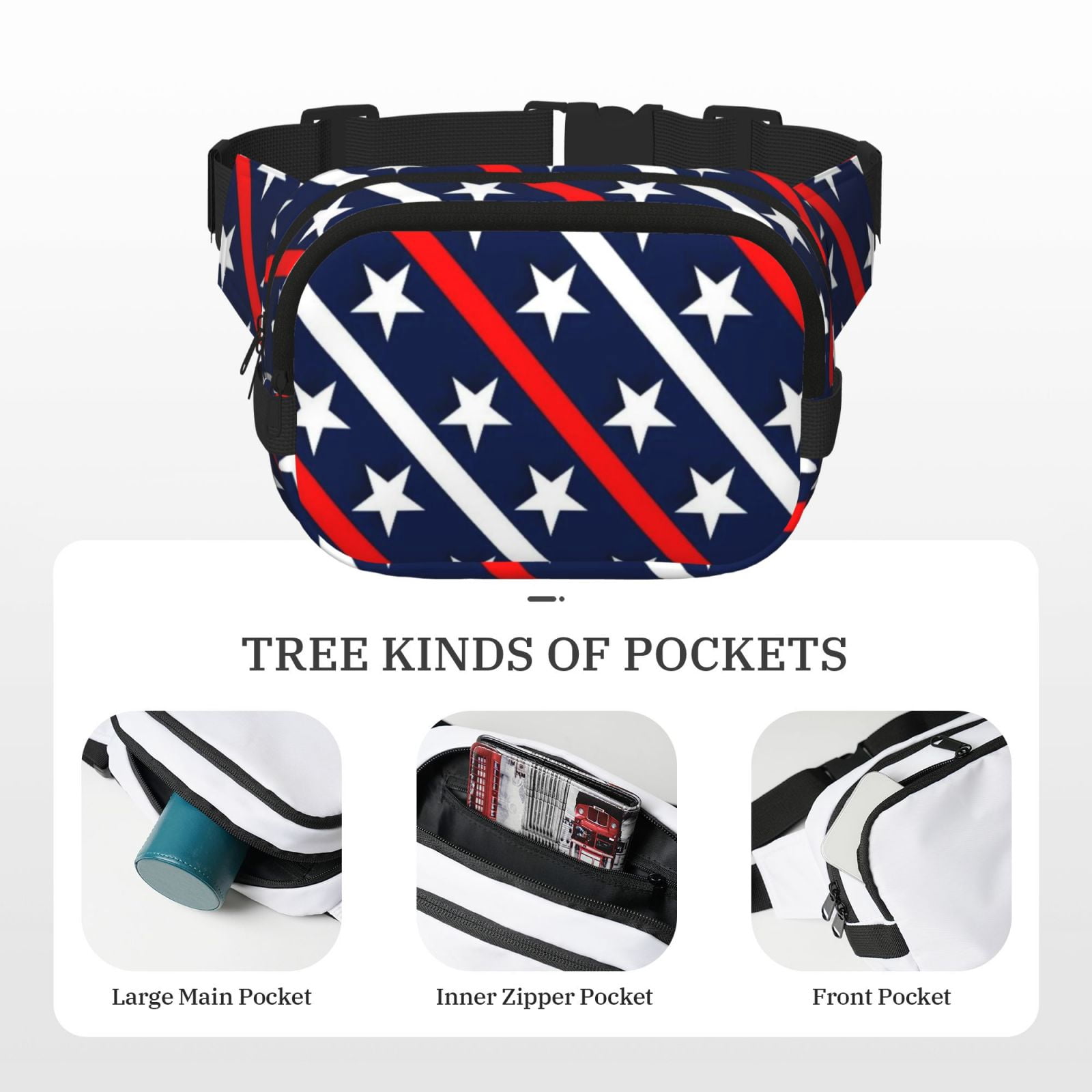 Picia Patriotic Star Print Square Double-Layer Waist Bag Mini Adjustable Waist Belt Bag Exercise Running Travel Hiking
