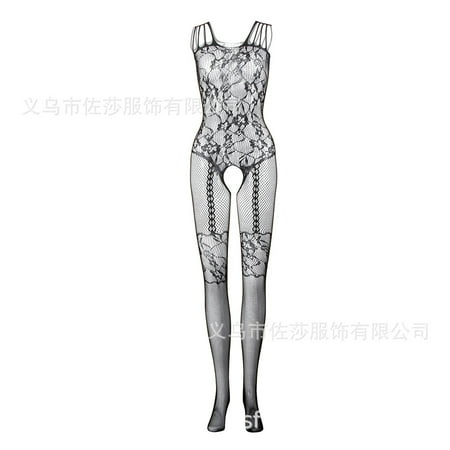 Generic Sexy Lingerie Sexy Siamese Black Silk Stockings Women s Sling Hollow out See-through Temptation One-Piece Fishnet Clothes Mesh Stockings W633