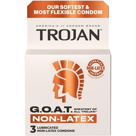 Trojan G.O.A.T. Latex-Free Lubricated Condoms for Men, Patent Pending Ultra Flex Non-Latex Material, Soft, Strong, Odorless & Colorless, 3 Count