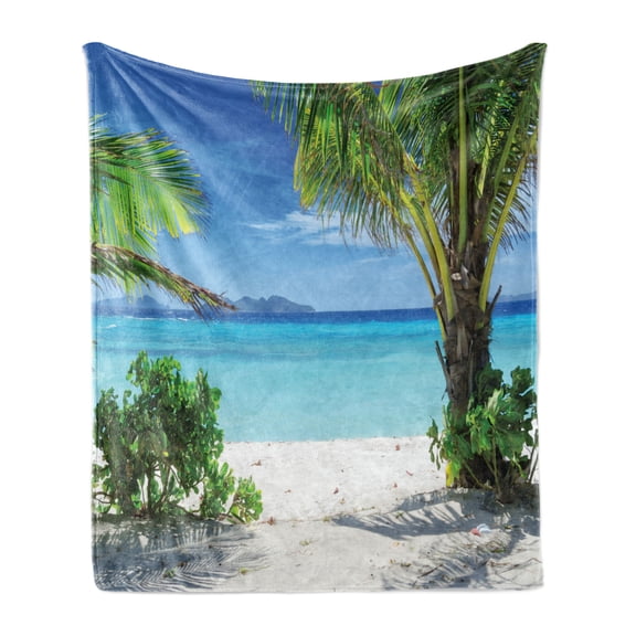 Tropical Soft Flannel Fleece Blanket, Idyllic Tranquil Ocean View Holiday Vacation Resort Beach Plants Seaside, Cozy Plush for Indoor and Outdoor Use, 50" x 60", Green Aqua Coconut, by Ambesonne