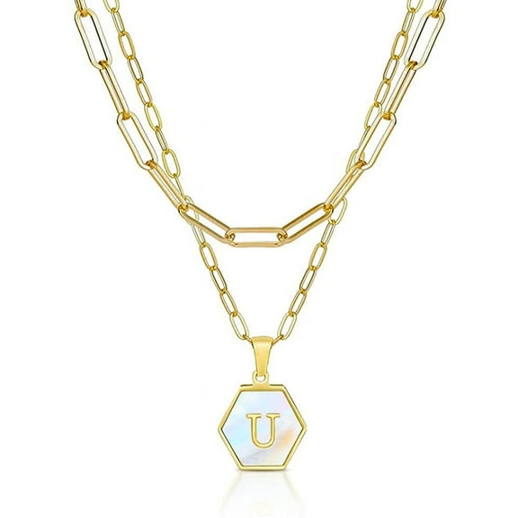 Giorgio Bergamo Stainless Steel Gold Plated Paper Clip Layered Choker Mother of Pearl Initial A - Z Letter Alphabet Pendant Mens Womens Necklace, Gold, U